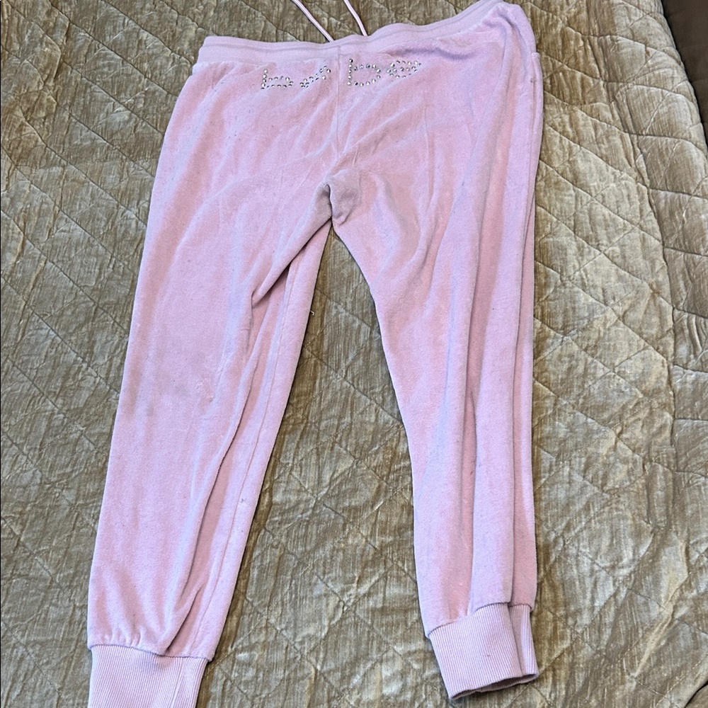 Pink Velour Sweatpants with Rhinestone Detail BeBe